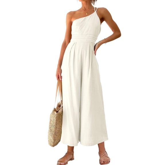 Aayomet Women Summer Straps One Shoulder Dressy Casual Wide Leg High Waist Jumpsuit Romper With Pockets,White XL
