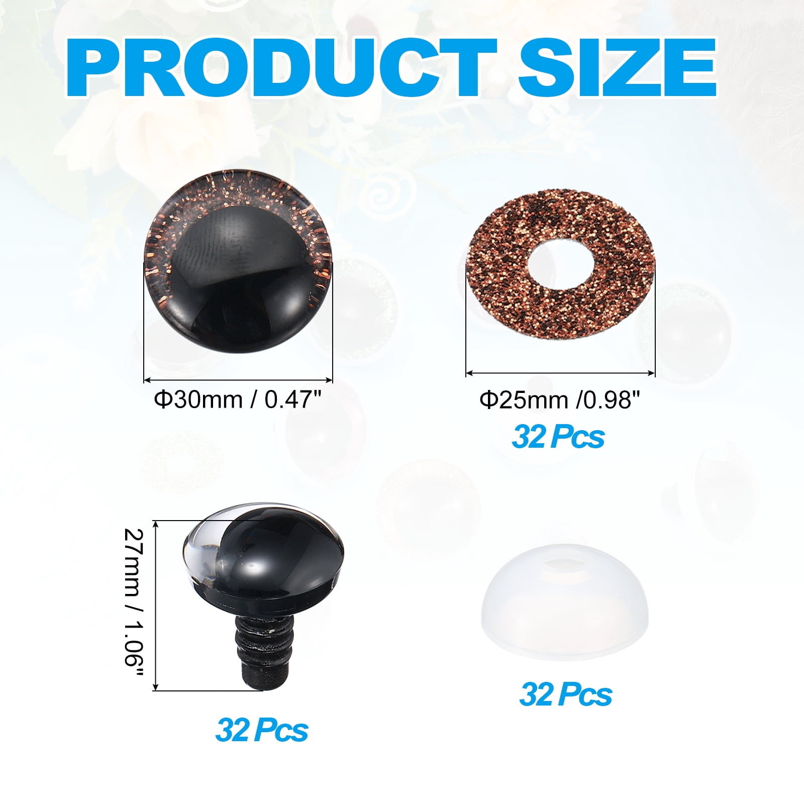 Uxcell 30mm Flash Safety Eyes, 34 Set Plastic Glitter Safety Eyes with Washers Soft Buttons Realistic Colorful Crocheting for Decor Crochet Accessories Dolls Craft, Brown