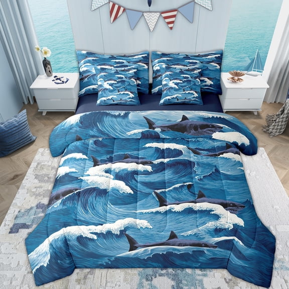 Erosebridal Kid Blue Shark Twin Bedding Sets 7-Piece, Japanese Ocean Waves Bedding Comforter Set
