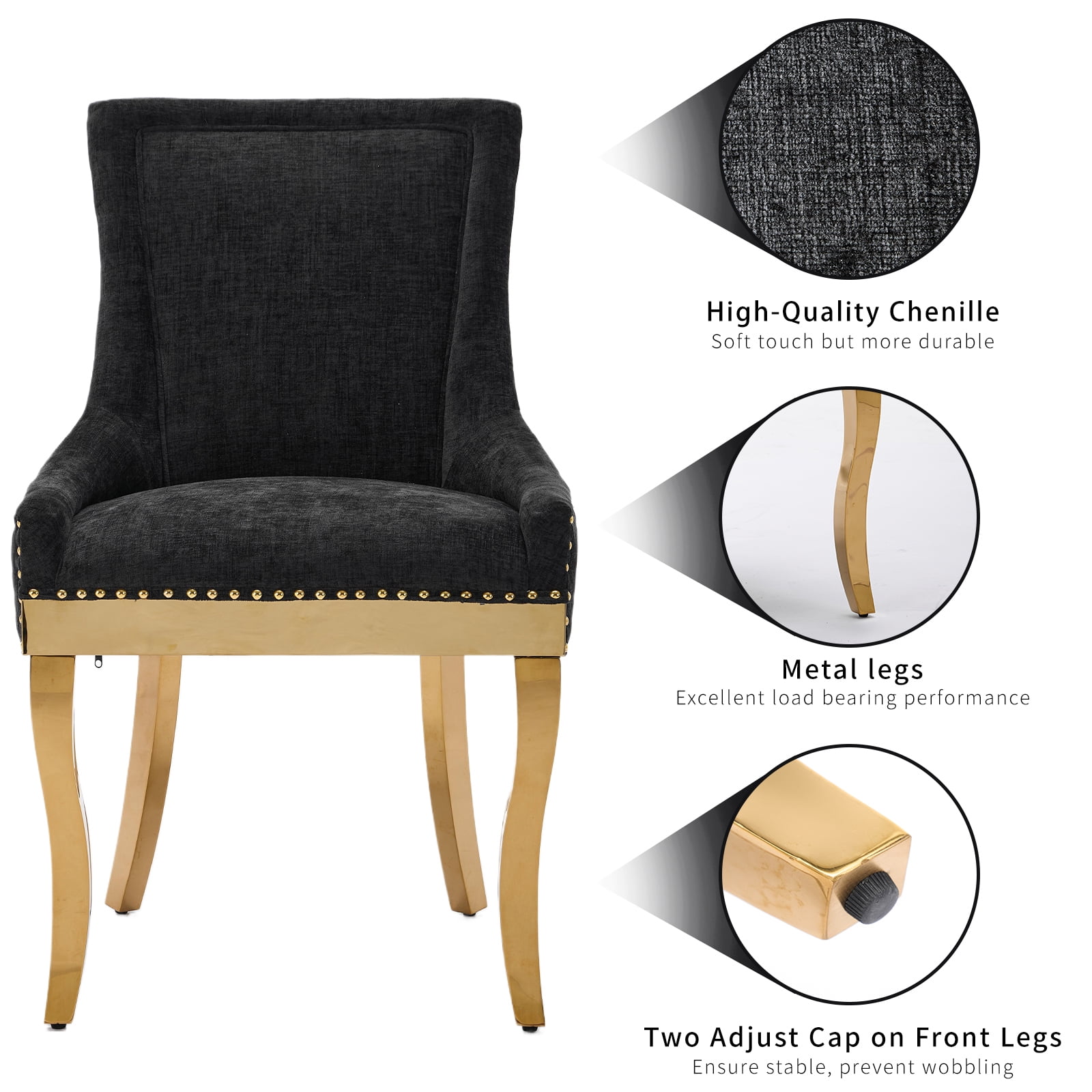Dining Chairs Set of 2, Kitchen & Dining Room Chairs, Chenille Fabric Upholstered Dinning Chairs, Sillas De Comedor, Nailhead Trim, Metal Legs (Black, 2 Pcs)