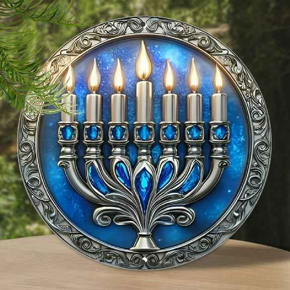 1pc, Round Aluminum Sign 8" x 8", 2D Hanukkah Candlestick Theme Round Aluminum Sign, Door Decor, Living Room Decor, Room Decor, Home Decor, Garden Decor, Office Decor, Holiday Decor