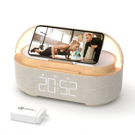 FreeFish Bluetooth Speaker Alarm Clock with Wireless Charger, LED Night Light, 2500mAh Battery - For Bedroom, Home Wood + 25W Adapter