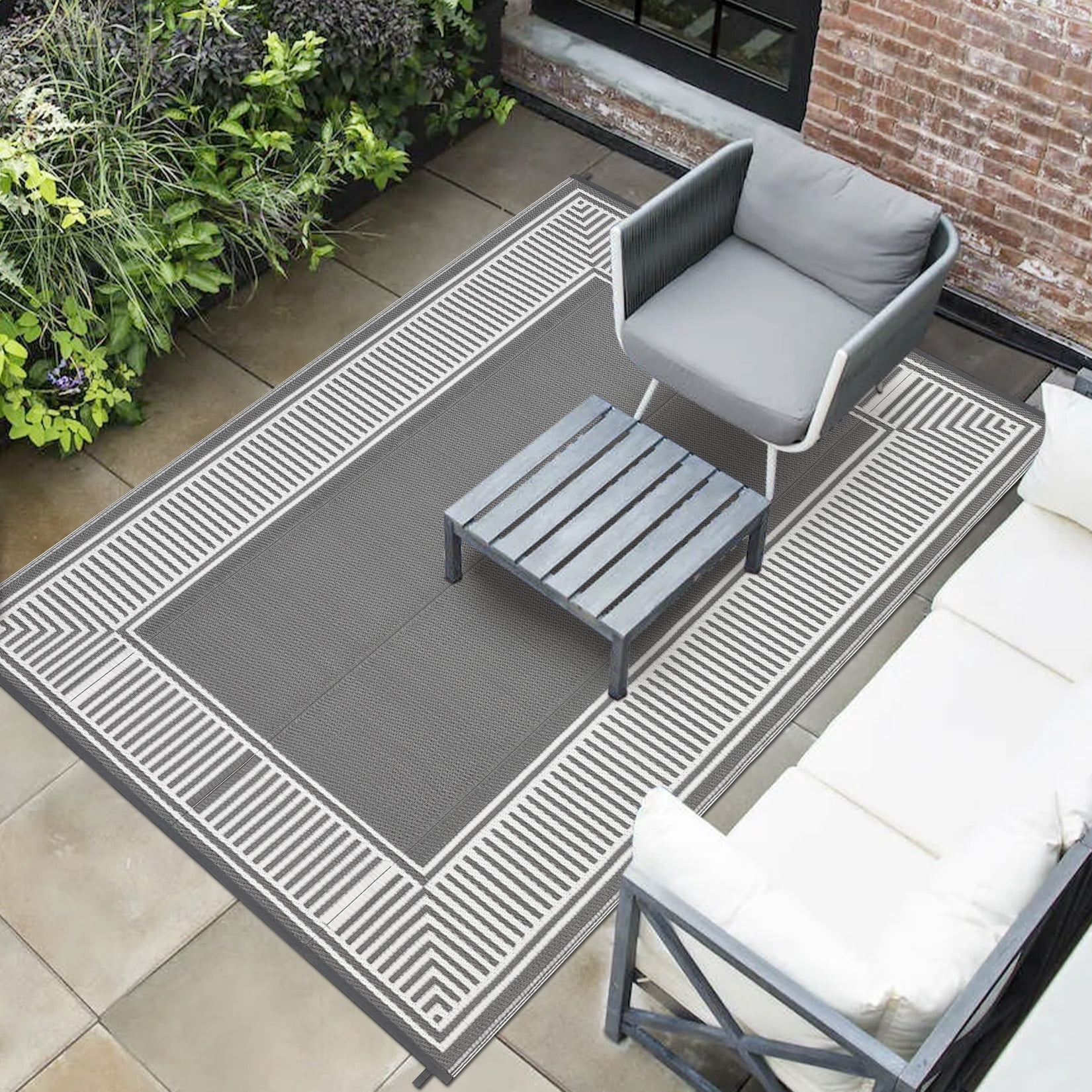HIWEAVER 8' x 10' Gray/White Outdoor Rug PP Plastic Straw Woven Waterproof Patio Rug with Border Portable Outside Carpet for Balcony Deck Picnic Garden Decor