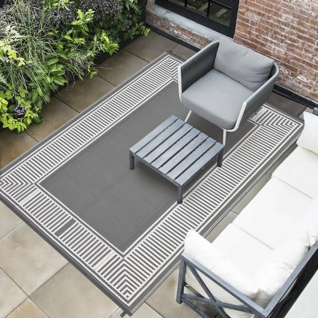 Outdoor Rug – 9x18ft Reversible Waterproof Plastic Straw Mat – Modern Grey/White – UV Resistant, Easy Clean & Collapsible – Patio, Garden, RV, Camping, Porch & Deck – USA Spec