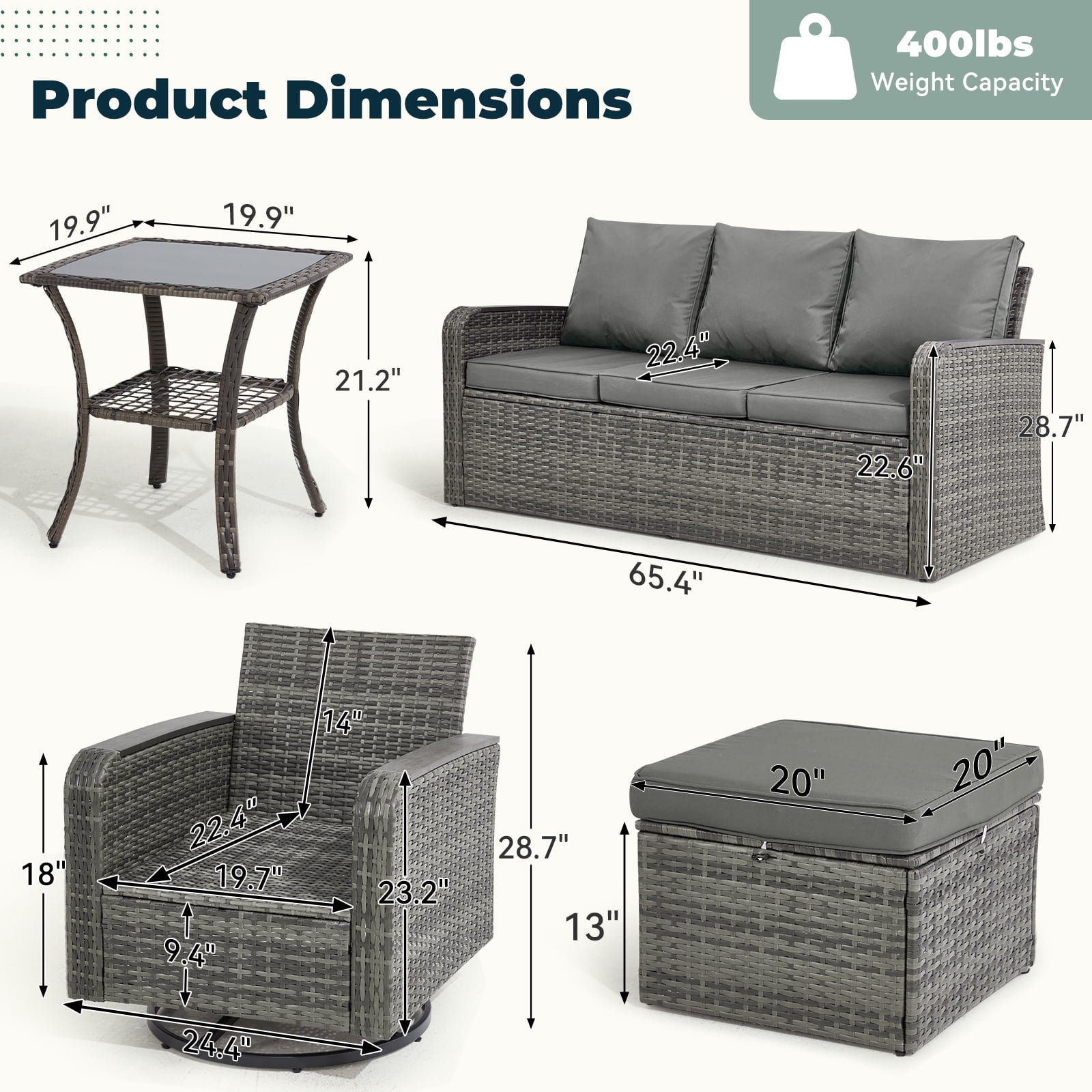 6 Pieces Wicker Patio Furniture Sets, Outdoor Conversation Set PE Rattan Sectional Sofa Couch with Swivel chairs Ideal for Indoor Porch Deck Bistro Lawn Garden Backyard Poolside-Grey