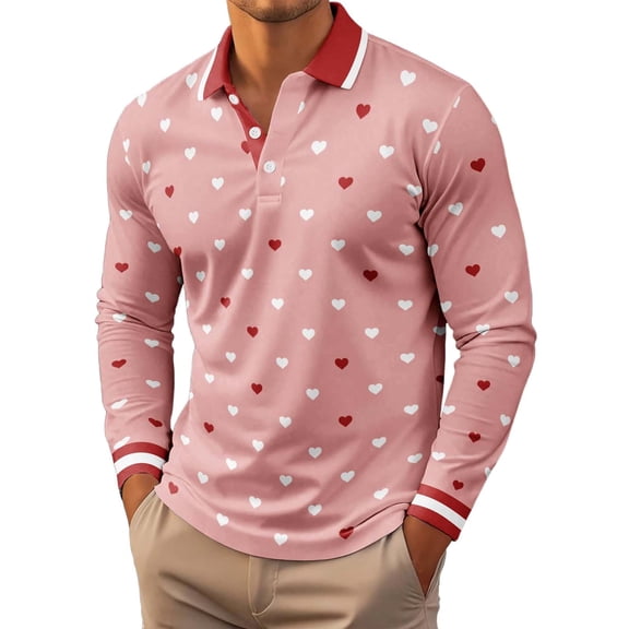 Mens Polos Valentine Heart Print Long Sleeve Shirt Clothes