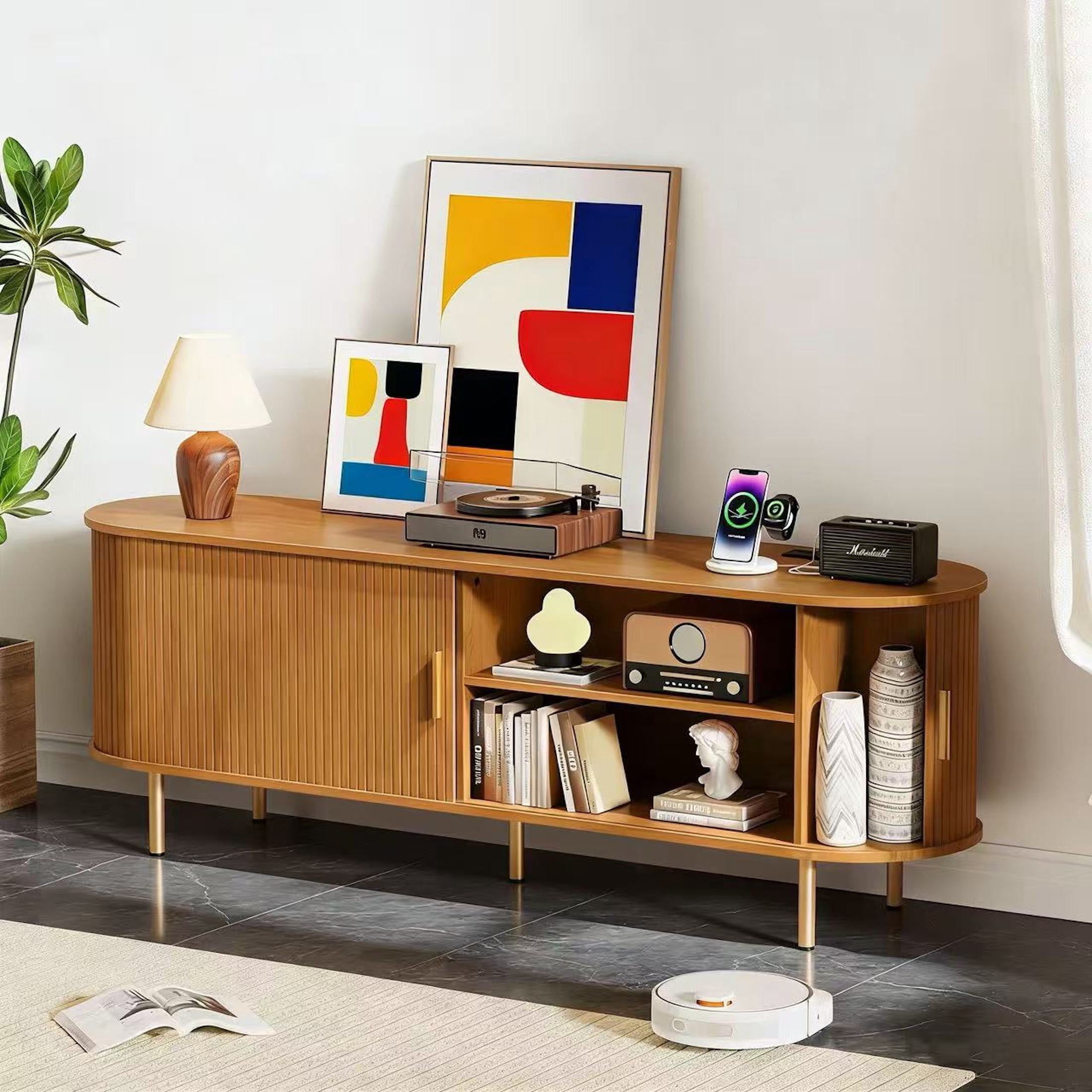 Aisword 63 Inch TV Stand with Power Outlet for TVs up to 70 Inch, Entertainment Center with Storage and Adjustable Shelves, Media Console with Sliding Doors for Living Room, Yellow