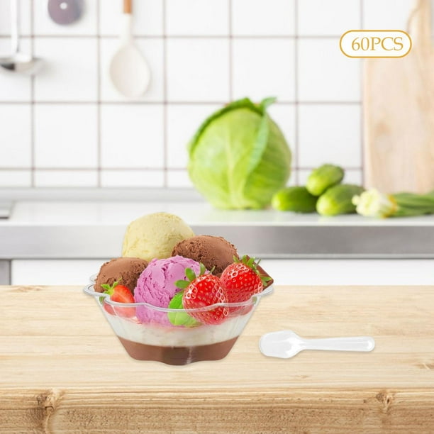Mini tazas de postre,Tazas de postre con cucharas Tazones para servir en fiestas,Cuencos de postre Copas de frutas Transparentes en forma de flor,Vasos desechables pequeños y reutilizables