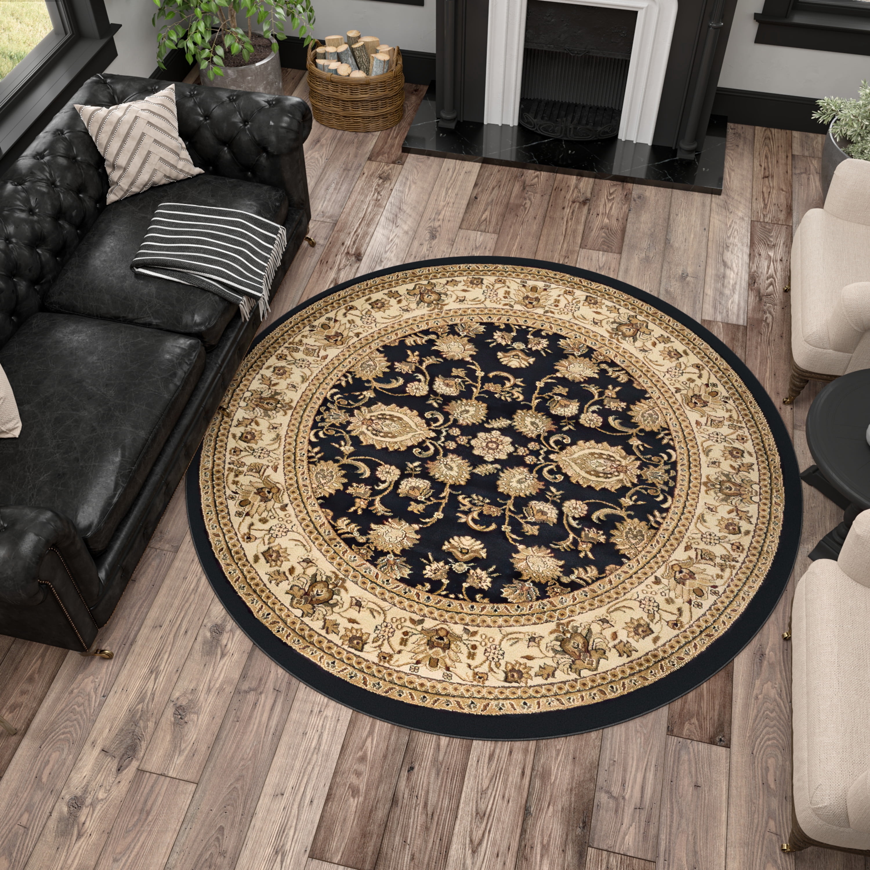 Sensation Transitional 5' Round Black and Beige Polypropylene Indoor Area Rug