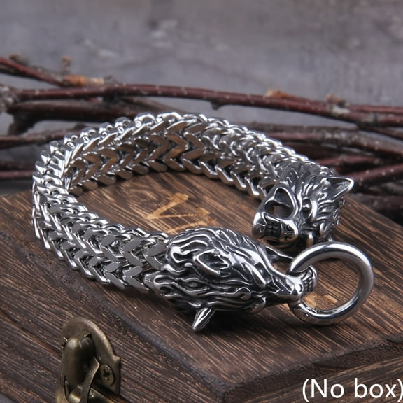 [Stylish Viking Bracelet] Durable Stainless Steel Viking Wolf Charm Bracelet | Punk Style Silvery Mesh Chain, Men's Biker Jewelry, 304 Stainless Steel Construction, No Pendant, Stylish Accessory