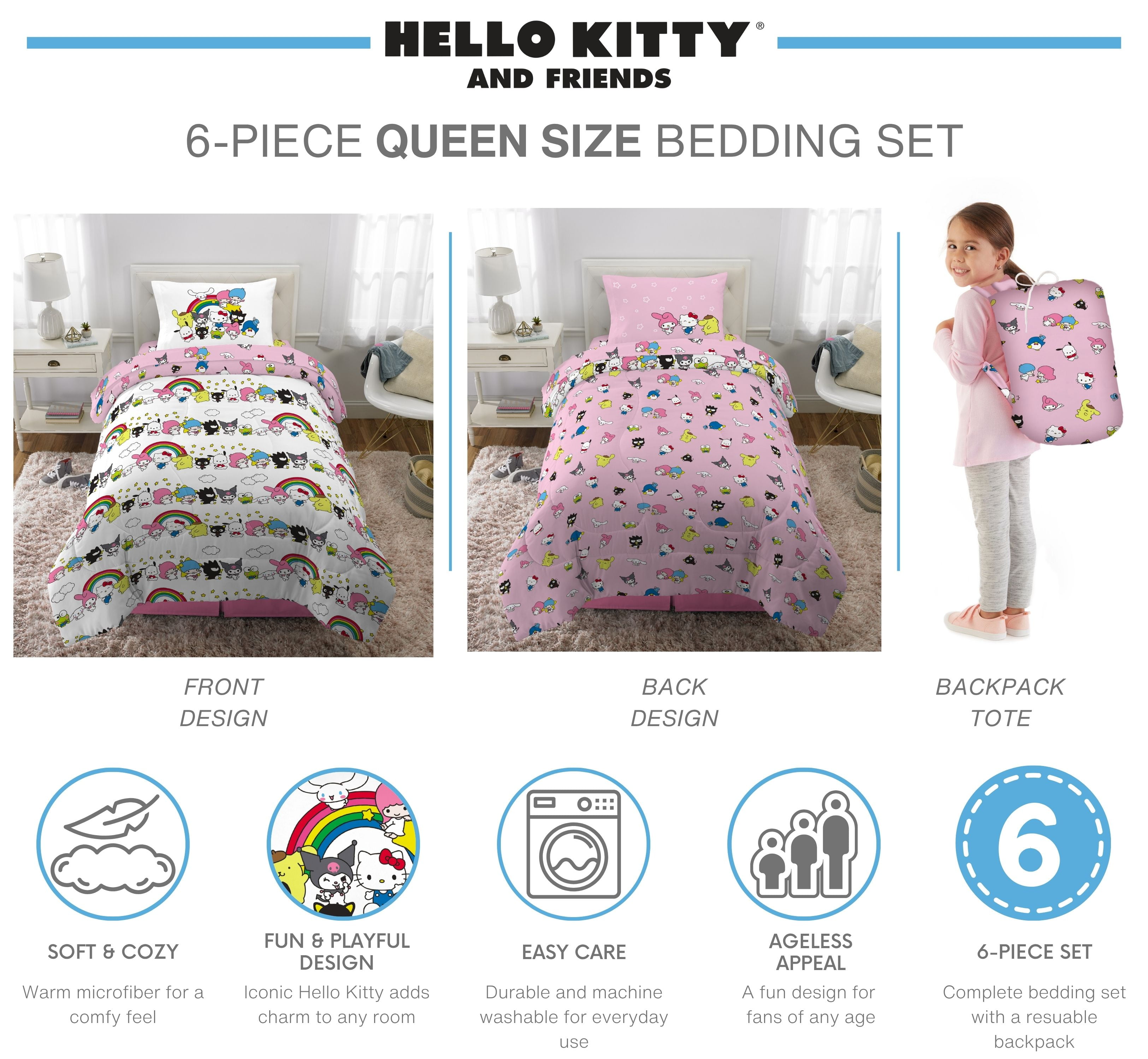 Hello Kitty and Friends Kids 6 Piece Reversible Comforter, Bed in a Bag, Queen