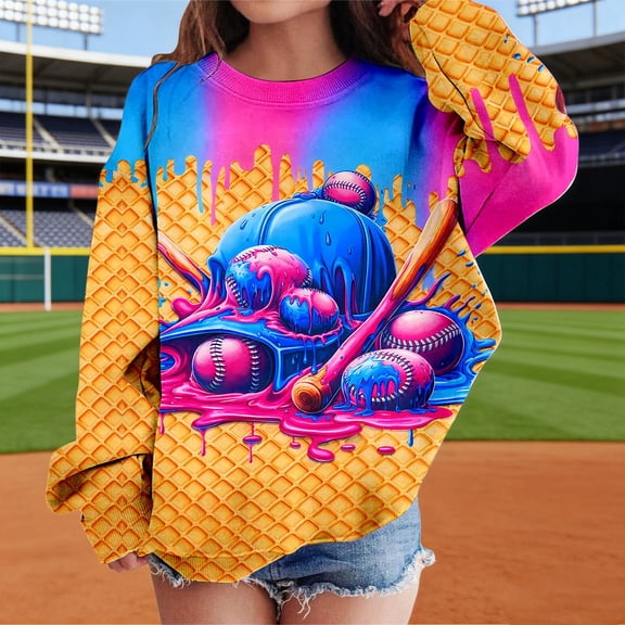 HCYSFG Girls Ice Cream Football Sweatshirt Long Sleeve Crewneck Pullover Fall Winter Daily Casual School Active Sport Loose Pullover Top