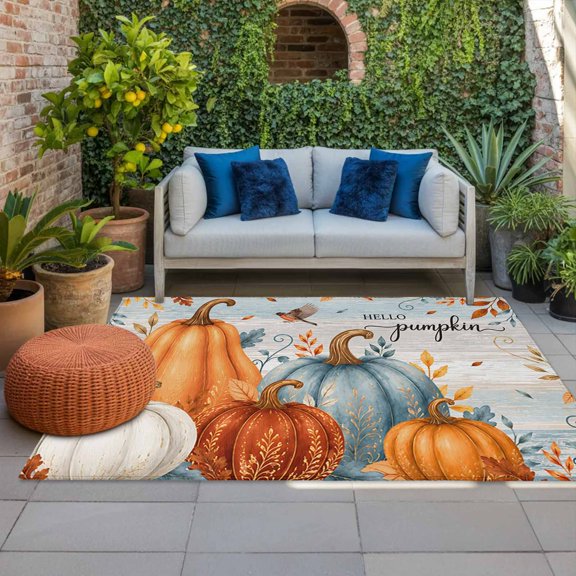 Outdoor Rug, Thanksgiving Pumpkin Fall Orange Leaves Indoor Area Rug Outdoor Carpet RV Camping Rugs 4x6ft Retro Wood Grain Outside Mat for Patio Picnic Porch Deck Balcony Backyard