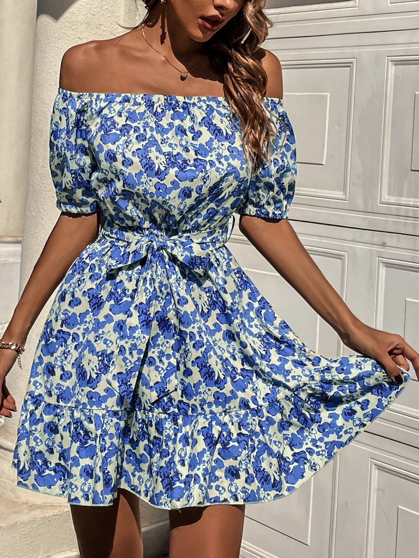 Off Shoulder Ruffle Hem Belted Dress 