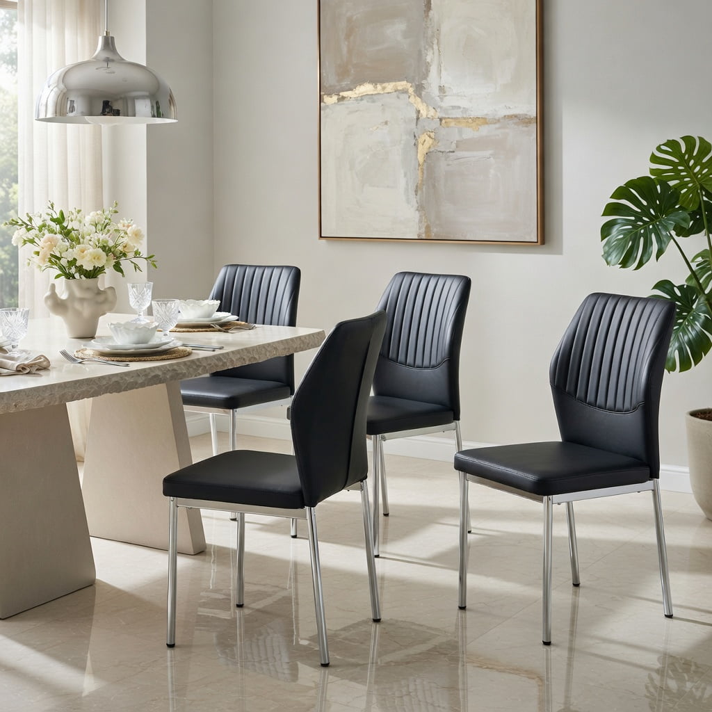 Hommoo 4-Pack Modern & Silver PU Dining Chairs, Ergonomic 36.7 in Height, High-Density Foam Cushion, Light Luxury Design for Dining Room, Office & Commercial Spaces, Black