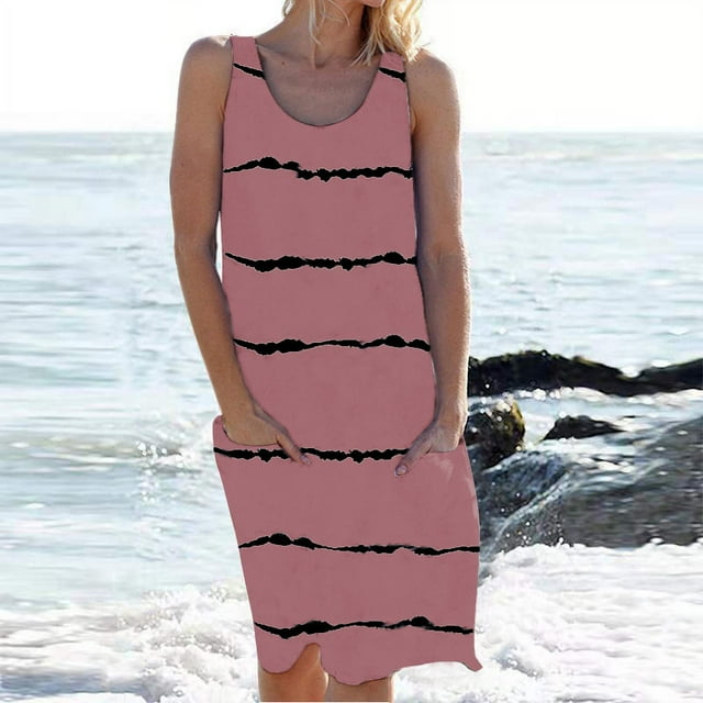 Nouvelle Robe Rayée pour Femmes Col Rond Sans Manches Robe Moulante Imprimée Robe Décontractée Style Tribal Élégant Robe Imprimée avec Poche