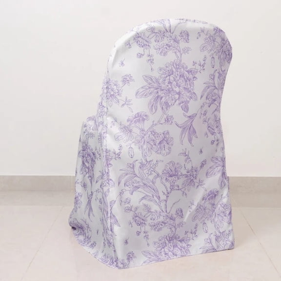 Balsa Circle 10 White Lavender Polyester Folding Chair Covers with French Toile Pattern Slipcovers Party Linens Wedding Reception Dinner Catering Events Decoration Supplies