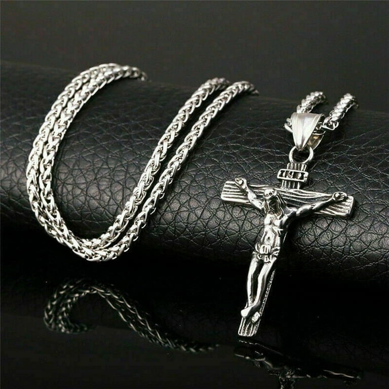 Mens Silver Stainless Steel Jesus Christ Crucifix Cross Pendant