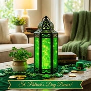 Moroccan Metal Candle Lantern Holder with LED Fairy String Lights, Medium, Green