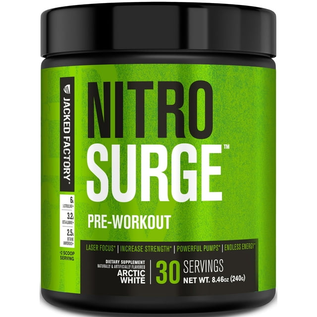 NITROSURGE Pre Workout Supplement - Endless Energy, Instant Strength Gains, Clear Focus, Intense Pumps - Nitric Oxide Booster & Preworkout Powder with Beta Alanine - 30 Servings, Arctic White