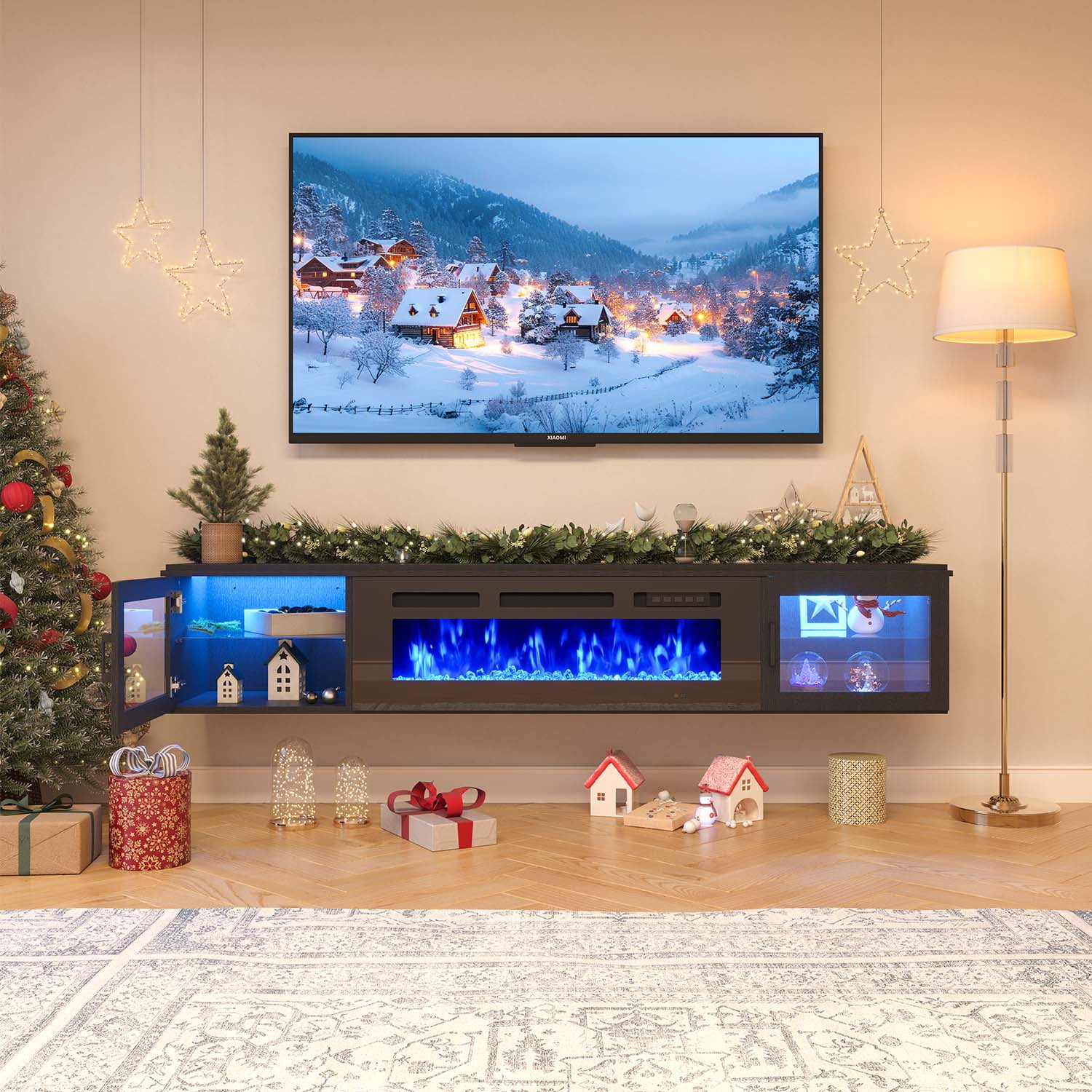 BaPiPro 70" Floating Fireplace TV Stand for TVs up to 80", Wall Mounted Entertainment Center with Media Storage, Console Table with 36" Electric Fireplace, Modern Black