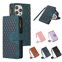 ELEHOLD Wallet Case for iPhone 14 Pro 6.1",Premium Leather Argyle Pattern 9 Card Slots Zipper Pocket Kickstand Crossbody Shoulder Strap Wriststrap Luxury Purse Case for iPhone 14 Pro,Green