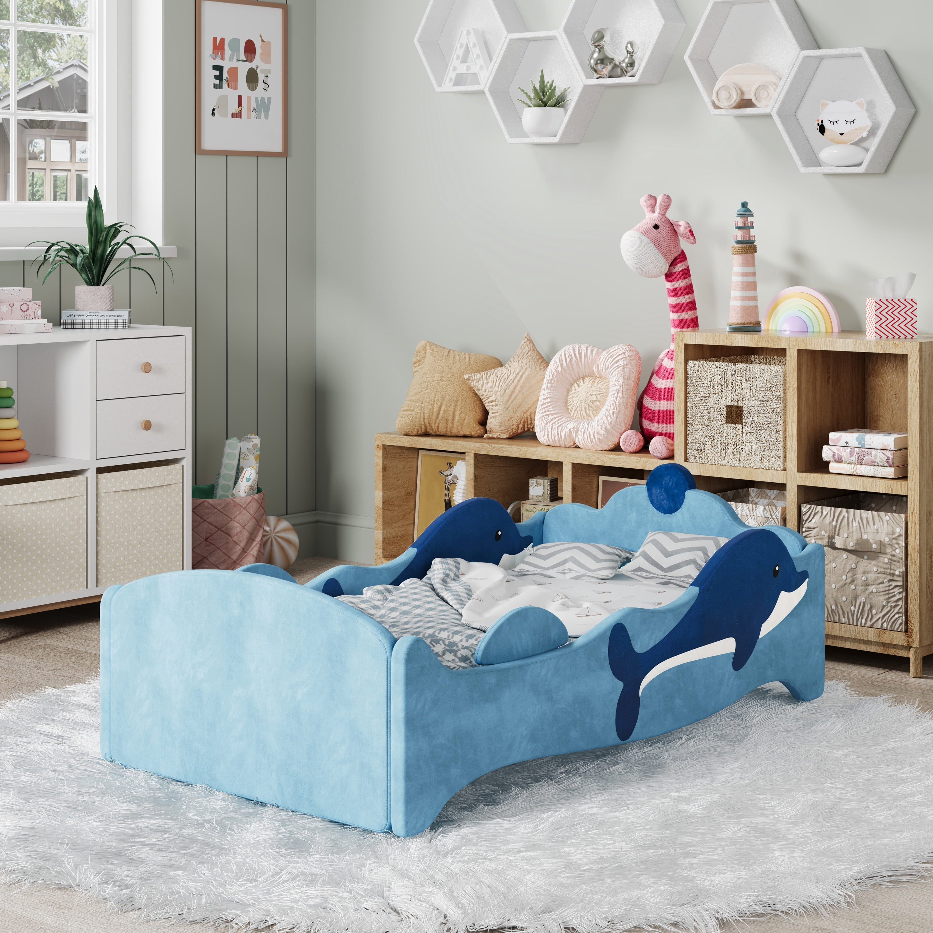 Ages 18+ Months Old Kids with Removable Safety Guard Rails, Low to Ground Design, Certified Fabric Beds (Khaki)