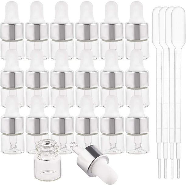 Paquete de 30 frascos cuentagotas de vidrio transparente de 1 ml para aceites esenciales de ojos, con tapas plateadas y 4 goteros de plástico para muestras de cosmética y aromaterapia.
