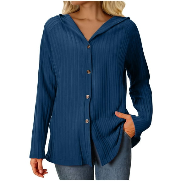 Lenpel Women's Hooded Cardigan Sweaters Casual Longs Sleeve V Neck Button down Ribbed Knit Jackets Casual Outwear Coats(Blue,X-Large)