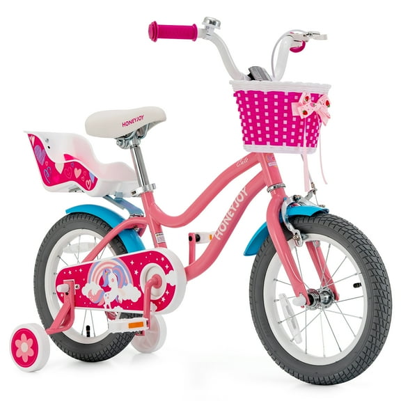 Gymax 14 Inches Kids Bicycle w/ Doll Chair & Basket Kids Bike w/ Training Wheels Pink