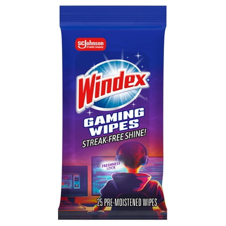 Windex Gaming Cleaning Wipes, Pre-Moistened Wipes to Instantly Clean all Gaming Gear and Electronics, Resealable Packaging for a Freshness Lock, 25 Count (Pack of 1)