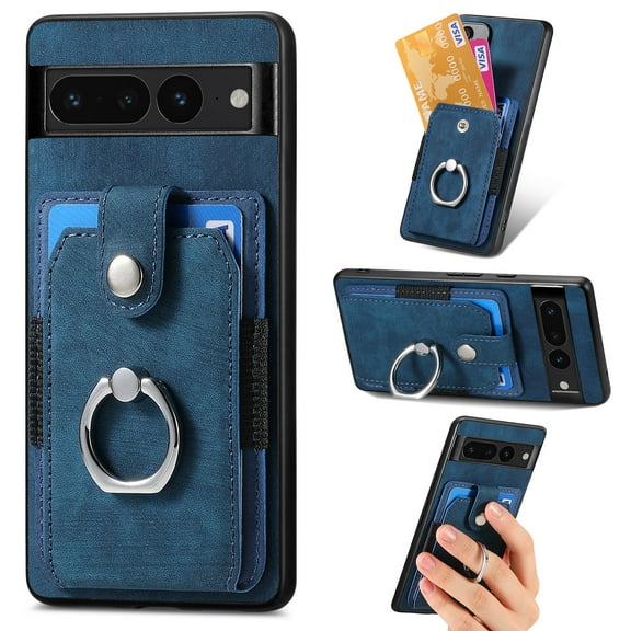 Feishell for Google Pixel 6a Wallet Case with Elastic Card Holder,Premium PU Leather Shockproof TPU Bumper 360° Rotation Finger Ring Holder Kickstand Anti-Scratch Protective Phone Case,Blue