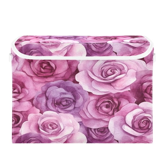 Storage Box With Lid 16.5x12.6x11.8In Foldable Stacked Household Storage Box Charming Beige Roses