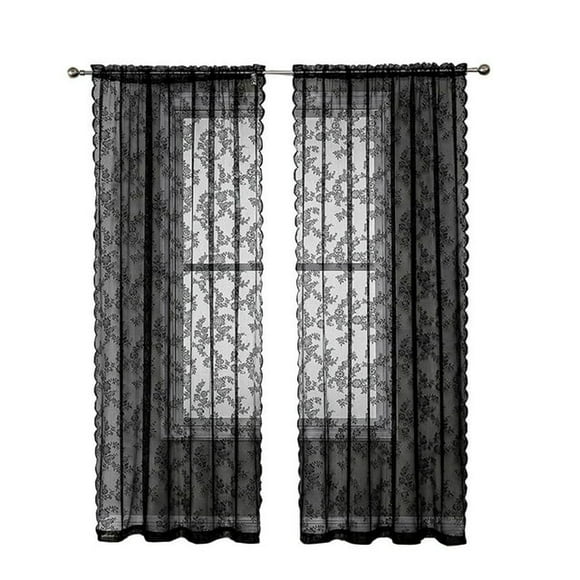 Xiao Hua black lace curtains, retro black transparent lace curtains with rural floral patterns, suitable for living rooms, transparent curtains, 2-piece set, black 40 x 80 inches