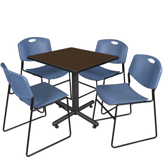 Axis-Pro 30" Square Breakroom Table- Neo Walnut & 4 Zeng Stack Chairs- Blue