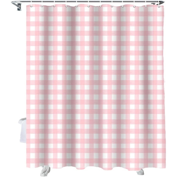 Christmas Shower Curtain, Rustic Pink White Buffalo Check Plaid Pattern Shower Curtains Set with Hooks, Farmhouse Waterproof Fabric Bathroom Curtains Decor Home Accessories,72 X 72 Inch Long