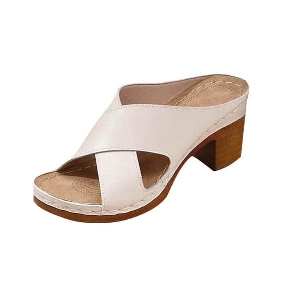 ShiShine Women's Contrast Stitch Cross Band Mule Sandals Open Toe Block Heel Casual Summer Sandals