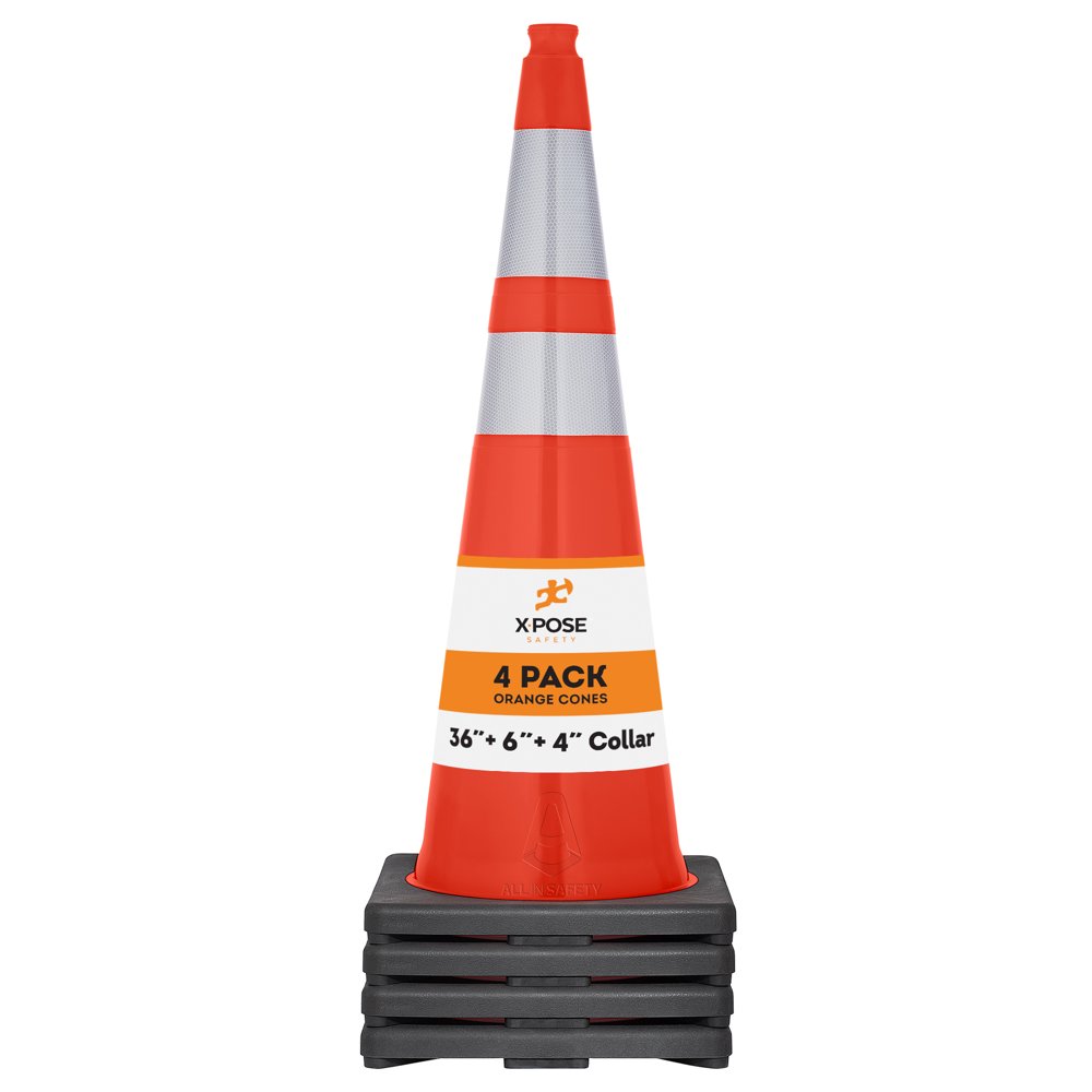 36 Inch Orange Traffic Cones with 6" & 4" Collars , 4pack