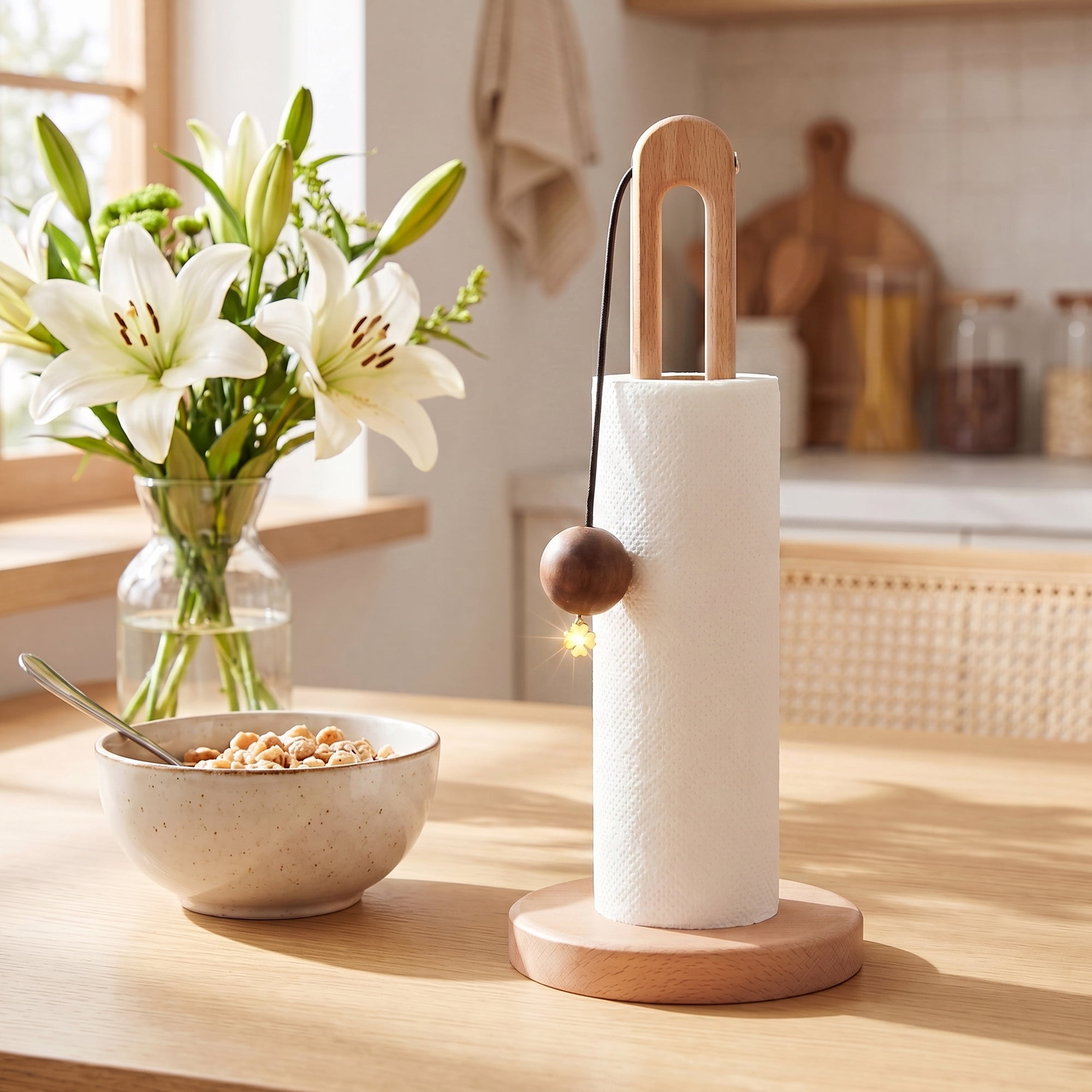 Unique Bargains Paper Towel Holder Countertop Modern Base Wood Pendant 12.2x5.1inch