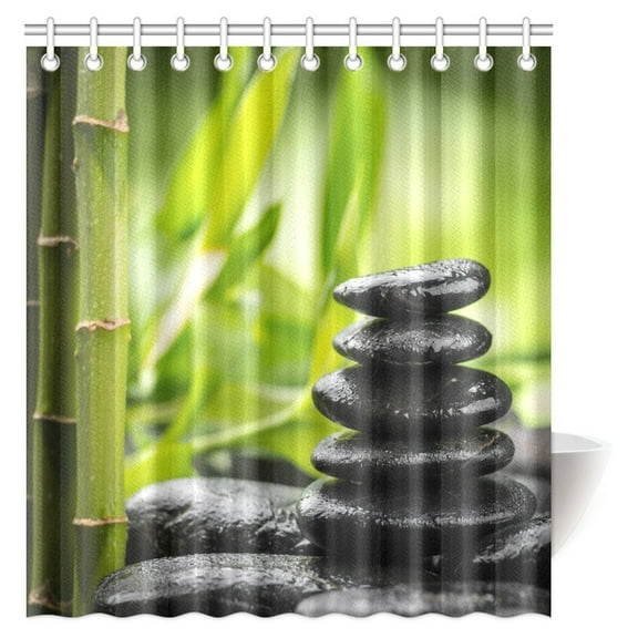 MYPOP Bamboos Spa Decor Shower Curtain, Japanese Therapy and Relaxation Stones Design Fabric Bathroom Shower Curtain with Hooks, 66 X 72 Inches