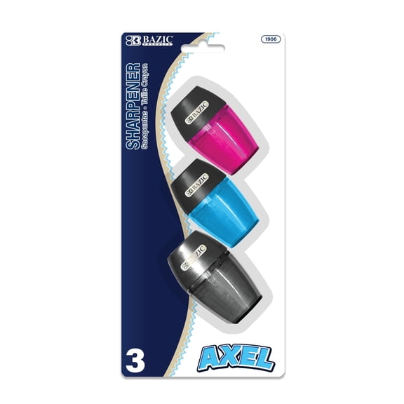 BAZIC Single-Hole Manual Pencil Sharpener with Blade and Receptacle, 3-Pack