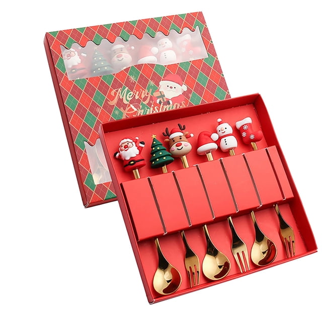 Under 10 Tableware Christmas Tableware Set Stainless Steel Spoon Gift Set Dessert Spoon Fork Coffee Spoon Christmas Pendant Spoon Tableware Set Gift