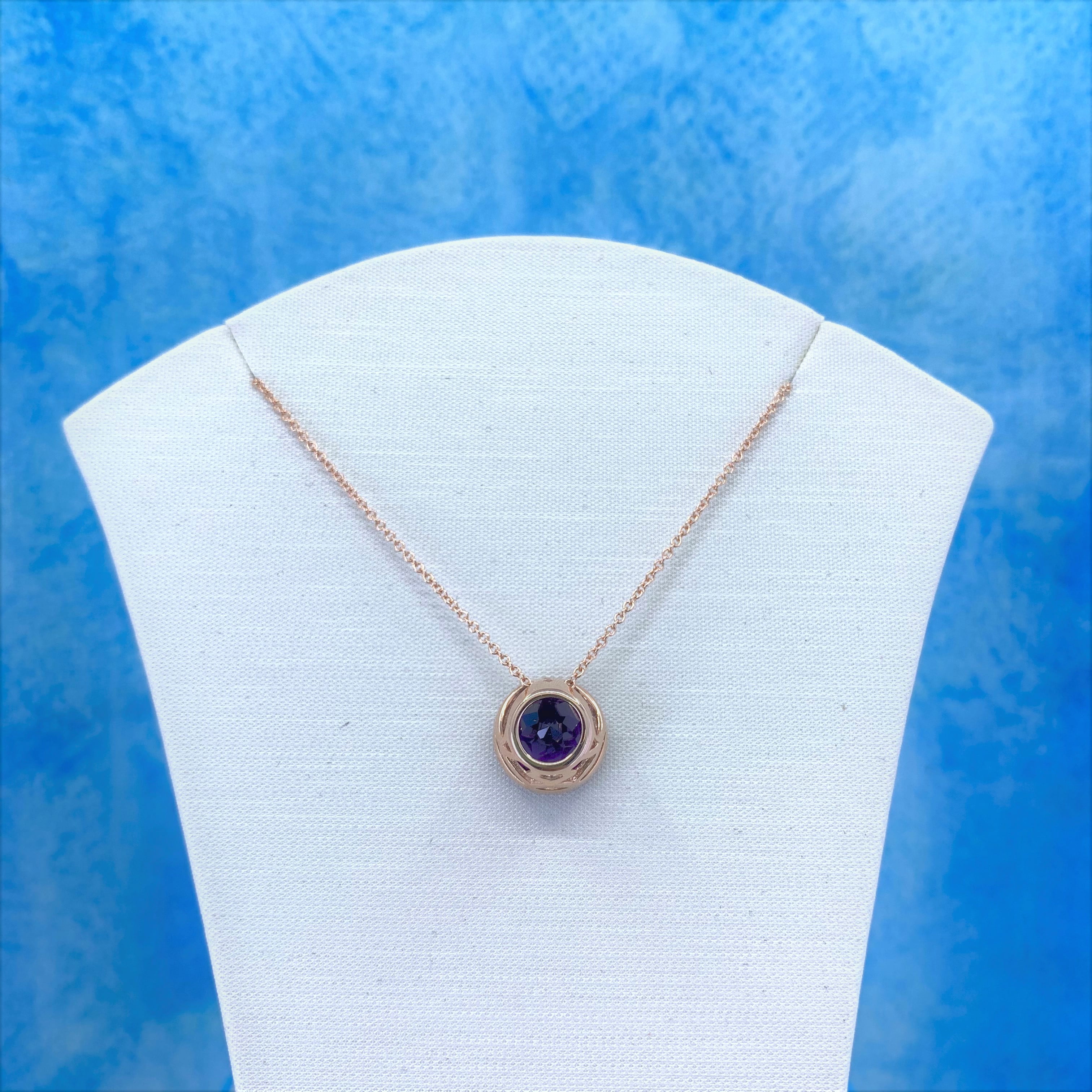 14K Rose Gold Necklace with 1.31-ct Round Purple Amethyst and 0.05-ct White Diamonds
