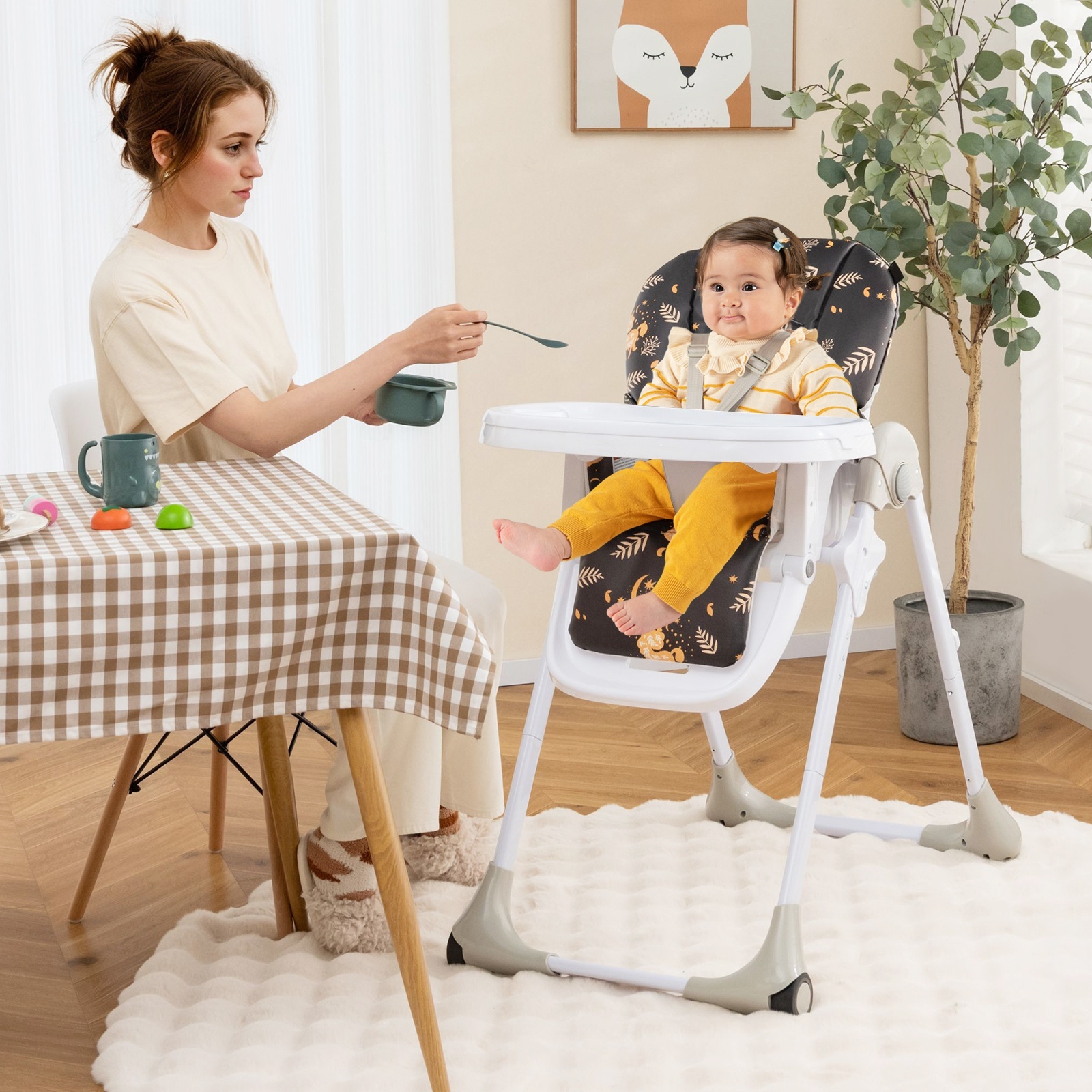 Infans Baby High Chair with 7 Height & 3 Footrest Adjustable Cup holder 2 Wheels