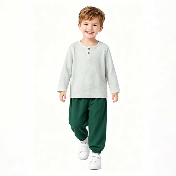 hoksml Boys Cotton Loungewear Set, Long Sleeve Henley Shirt and Jogger Pants, Kids 2-Piece Casual Outfit