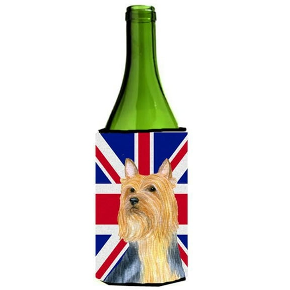 Silky Terrier With English Union Jack British Flag Wine bottle sleeve Hugger - 24 Oz.