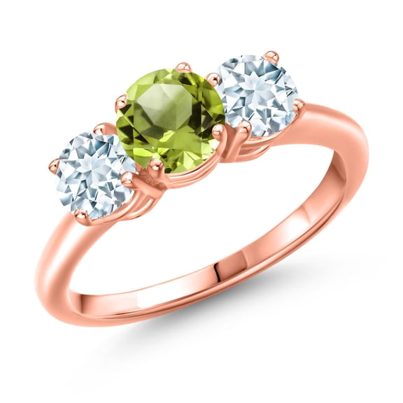 Gem Stone King 18K Rose Gold Plated Silver Green Peridot and Sky Blue Aquamarine Engagement Ring for Women | 2.00 Cttw | Round 6MM | Gemstone August Birthstone | Size 9