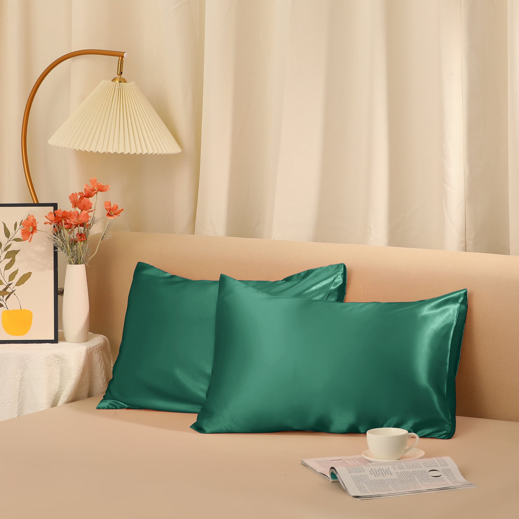 Unique Bargains Envelope Closure Breathable and Soft Satin Pillowcase (2 Count) Green Non-Standard