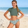 thumbnail image 2 of VNKIDY Girls 2 Piece Swimsuit Set Kids Solid Color Short Sleeve Crewneck Rash Guard Cropped Top Leaf Print Triangle Bathing Suit Outfit For Beach Pool Summer Wear Leisure Swimwear Green 15-16Y, 2 of 5