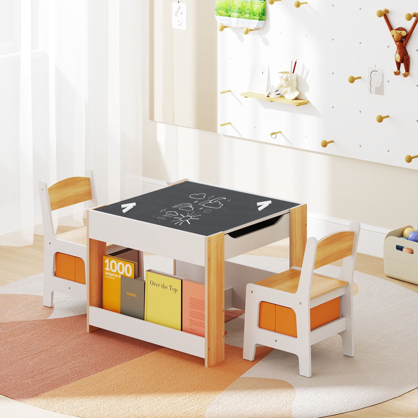 Costway 4-in-1 Kids Table & Chair Set Toddler Wooden Activity Table with Side Bookshelves Beige